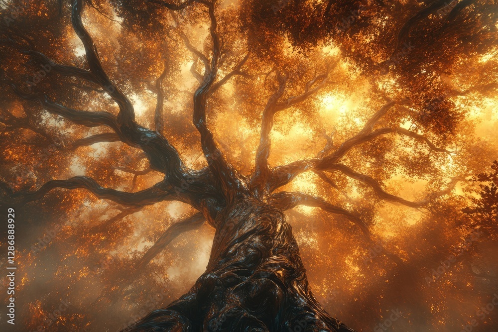 Poster majestic ancient tree, bathed in golden sunlight, its branches reaching towards the sky, creating a 