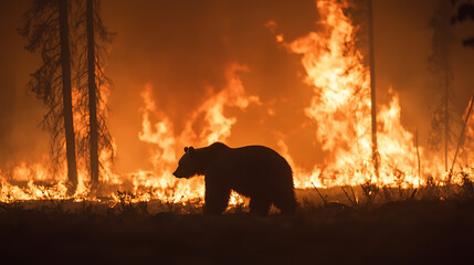 A silhouetted bear walks amidst a raging forest fire, highlighting the devastating impact on wildlife and their habitats due to environmental disasters.
