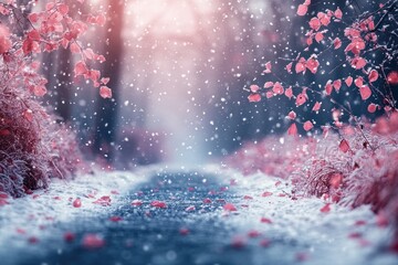 Snow covered path with pink leaves and falling snow