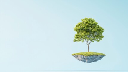 A solitary tree grows on a small floating island against a soft blue background, symbolizing nature and tranquility.