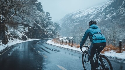 Cyclist is biking on a wet snowy road in the mountains