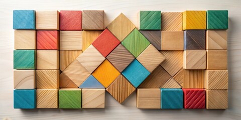 A set of wooden blocks arranged in a geometric pattern, with each block featuring a different shape and color, creating a visually striking composition , shapes, geometric patterns