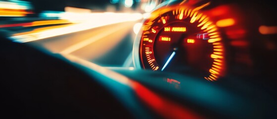 A vibrant and blurred speedometer creates a sense of velocity and adrenaline, with streaks of light and color suggesting rapid movement.