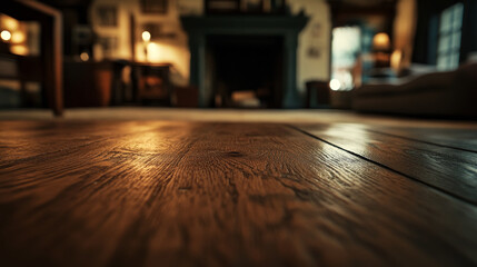A blurred living room background with a clear wooden surface in the foreground