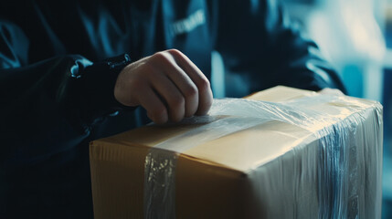 Obraz premium A close-up shot of a post office employee sealing a package with adhesive tape indoors