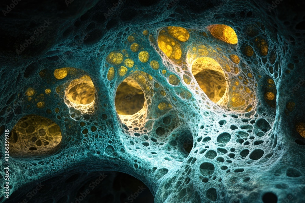 Poster abstract image depicting a porous, cavernous structure with teal and gold hues, resembling a microsc