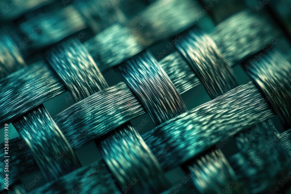 Poster close-up of a teal woven texture, intricate pattern of interwoven strands.