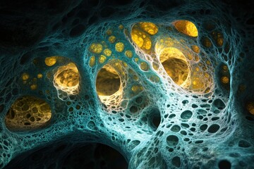 Abstract image depicting a porous, cavernous structure with teal and gold hues, resembling a microscopic view or alien landscape.