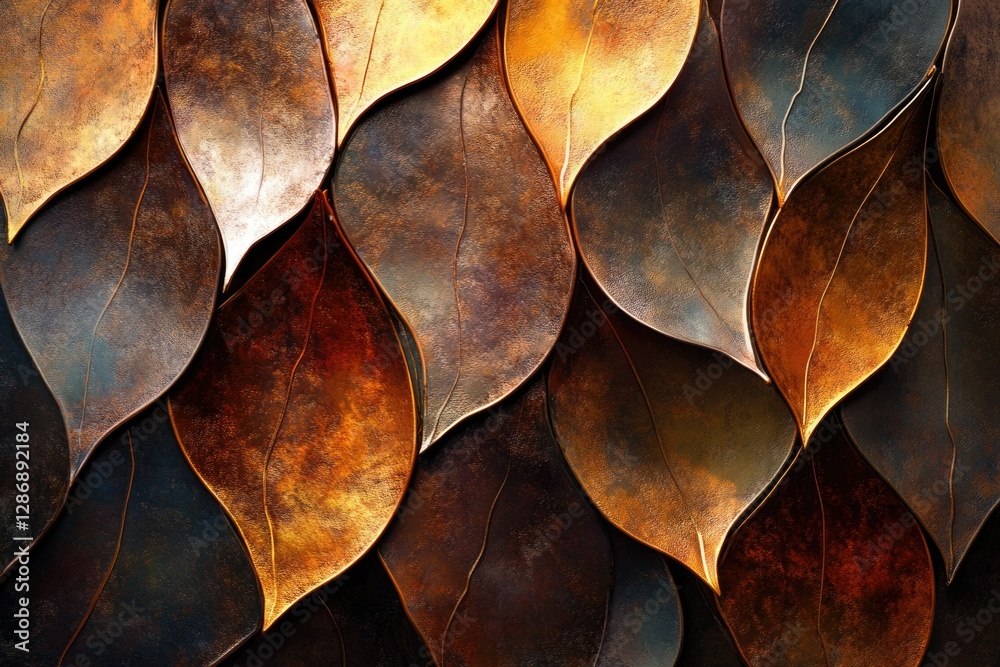 Poster intricate overlapping metallic leaves in warm, earthy tones create a luxurious, textured background.