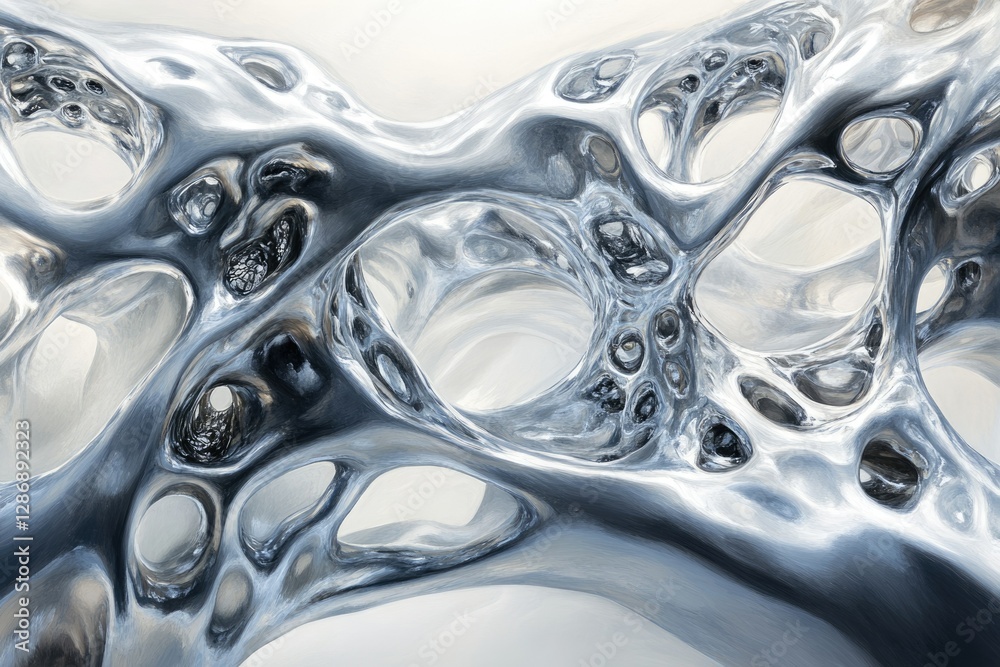 Poster abstract metallic sculpture with a biomorphic, flowing form, featuring intricate cavities and reflec