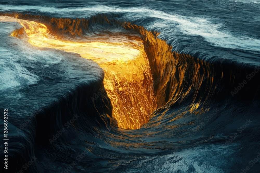 Poster glowing golden liquid flows into a dark ocean chasm, creating a surreal and dramatic scene.