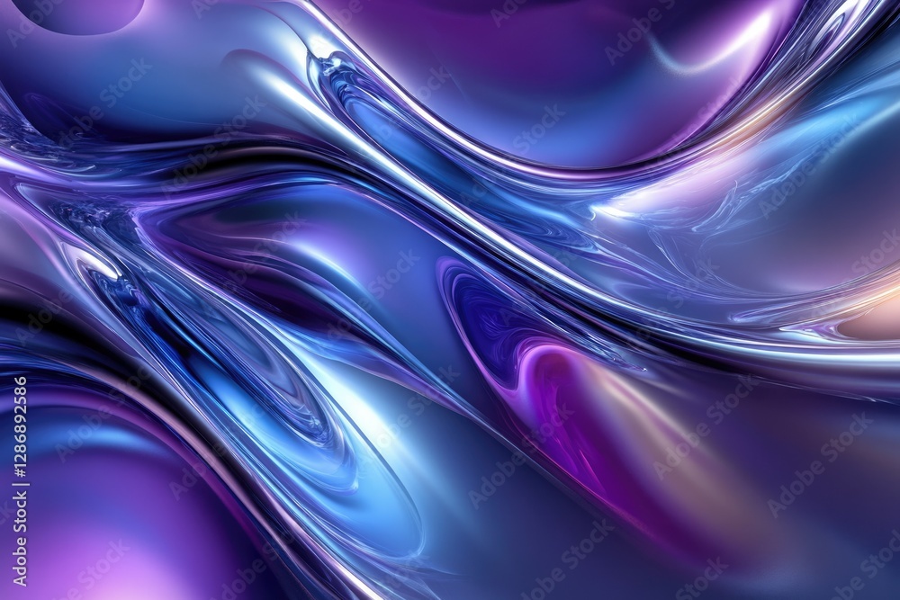 Aufkleber Abstract artwork featuring flowing, metallic waves in shades of purple and blue, creating a mesmerizing visual effect.