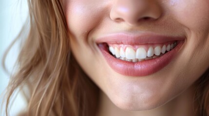 Obraz premium Smiling woman with healthy teeth showcases confidence and joy in a bright setting