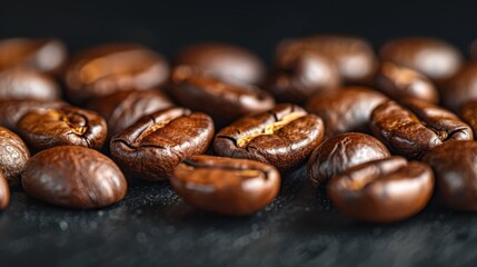 Obraz premium Dark roast coffee beans on a black surface showcasing their rich texture and color