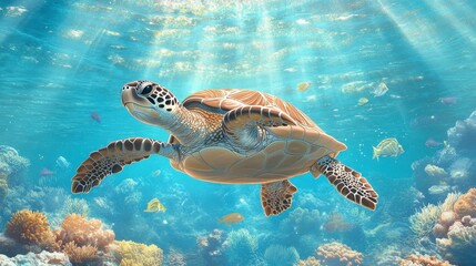 Fototapeta premium A sea turtle swims gracefully through a vibrant underwater scene filled with colorful coral and light rays penetrating the water surface.