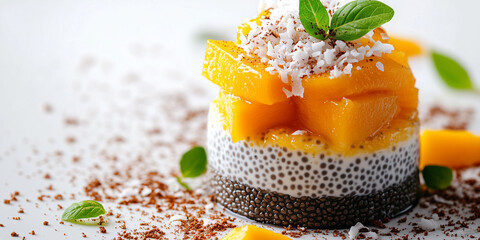 Mango chia pudding in a glass with mint and coconut, on a light background or food blogs, recipe websites, health and wellness blogs, and social media posts related to healthy desserts, vegan/vegetari