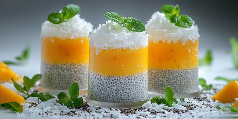 Mango chia pudding in a glass with mint and coconut, on a light background or food blogs, recipe websites, health and wellness blogs, and social media posts related to healthy desserts, vegan/vegetari