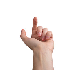 Female hand with a neatly manicured index finger curled in a subtle beckoning gesture, inviting and...