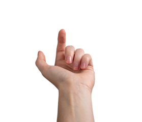 Female hand with a neatly manicured index finger curled in a subtle beckoning gesture, inviting and alluring. Symbolizing a gentle call or request. Left hand, isolated on white background.