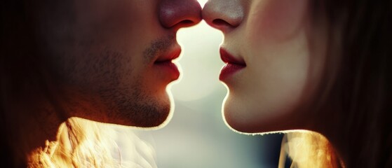 Close-up of two faces in tender proximity, capturing a gentle, shared moment of affection with soft focus and warm lighting.