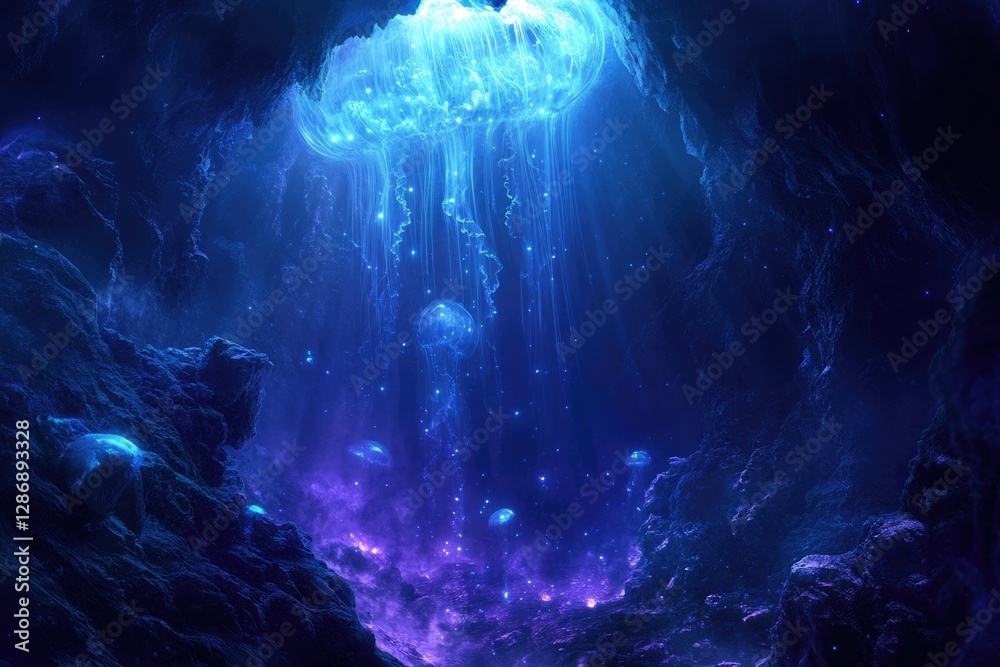 Poster bioluminescent jellyfish illuminate a deep underwater cave, creating a magical, ethereal scene.