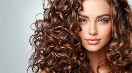 Fototapeta premium Radiant Beauty: Close-up of a young woman with stunning curly hair, captivating green eyes, and flawless skin against a soft, neutral background.