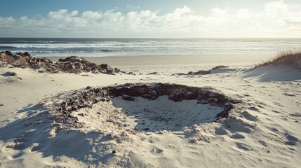 Coastal Sand Dune with Dark Hole near Ocean