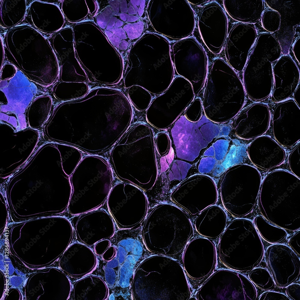 Poster abstract artwork featuring a mesmerizing pattern of interconnected, dark, organic shapes with purple