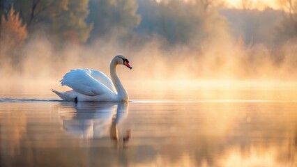 Obraz premium Mute swan gliding across misty lake at dawn, soft gray feathers glisten with dew, early morning landscape, serene lake scene