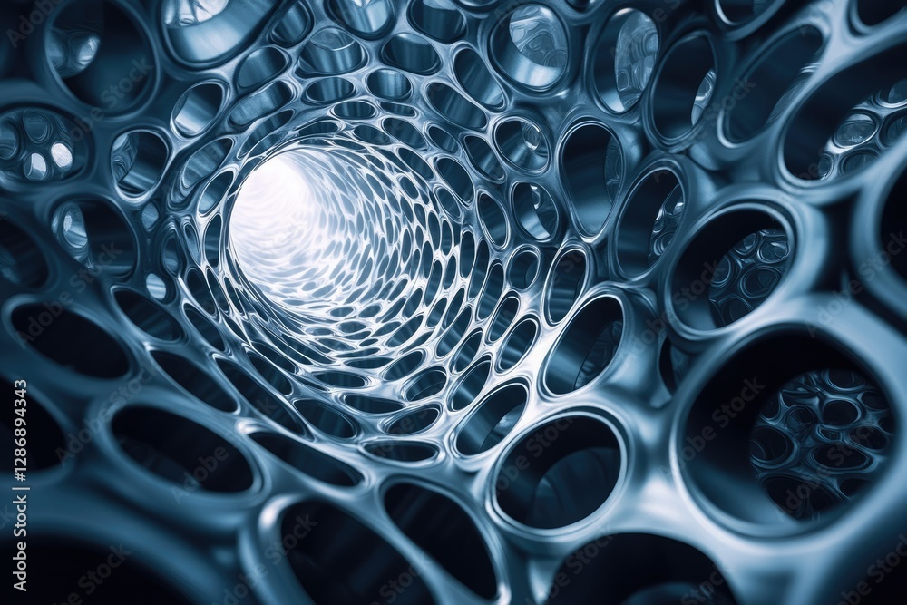 Fototapete Abstract metallic tunnel with a glowing light at the end, creating a mesmerizing visual effect.