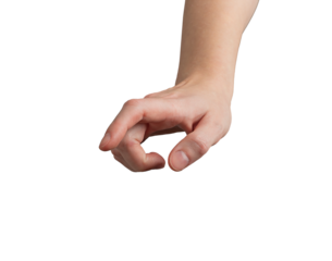 Female hand with index finger extended, pressing or clicking an invisible button. Gesture symbolizing touchscreen interaction, selection, or digital decision-making. Isolated on white background.