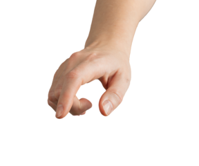 Female hand with index finger extended, slightly bent, pressing downward as if interacting with a touchscreen. Gesture symbolizing selection, decision-making, or navigation. Isolated on white