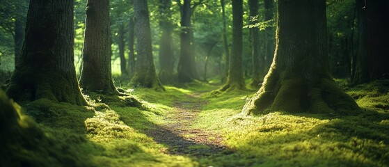 Obraz premium A sunlit forest path weaves through tranquil, moss-covered trees, offering a peaceful escape into nature’s embrace and the calm of the woods.