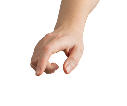 Female hand with index finger extended, slightly bent, pressing downward as if interacting with a touchscreen. Gesture symbolizing selection, decision-making, or navigation. Isolated on white
