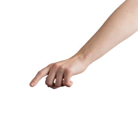 Female hand with index finger outstretched, pointing downward as if pressing or selecting an invisible button. Gesture symbolizing interaction, decision-making, or digital selection. Isolated on white