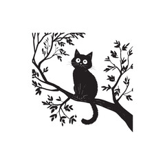 : A black cat is depicted perched on a high tree branch vector art illustration