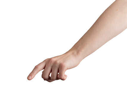 Female hand with index finger outstretched, pointing downward as if pressing or selecting an invisible button. Gesture symbolizing interaction, decision-making, or digital selection. Isolated on white
