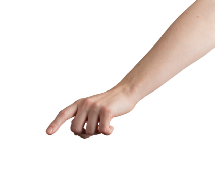 Female hand with index finger outstretched, pointing downward as if pressing or selecting an invisible button. Gesture symbolizing interaction, decision-making, or digital selection. Isolated on white
