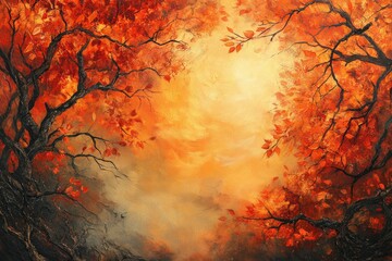 Autumnal landscape painting depicting vibrant orange and red leaves on bare branches against a warm, hazy sky.