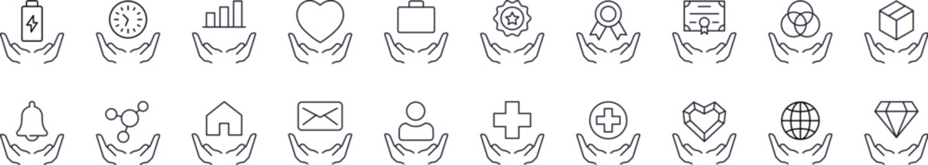 Pack of Suitcase, Circles, Heart, Cross on Hand Related Line Icons. Outline Signs for Graphic and Web Design, Apps, Adverts, Various Cards