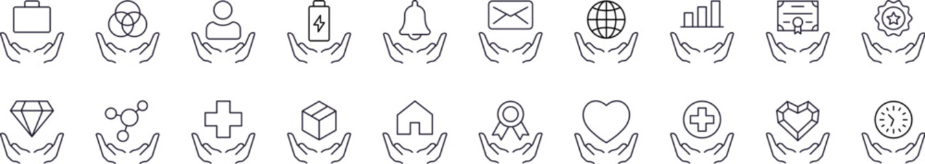 Collection of Suitcase, Circles, Heart, Cross on Hand Related Line Icons. Outline Signs for Graphic and Web Design, Apps, Adverts, Various Cards