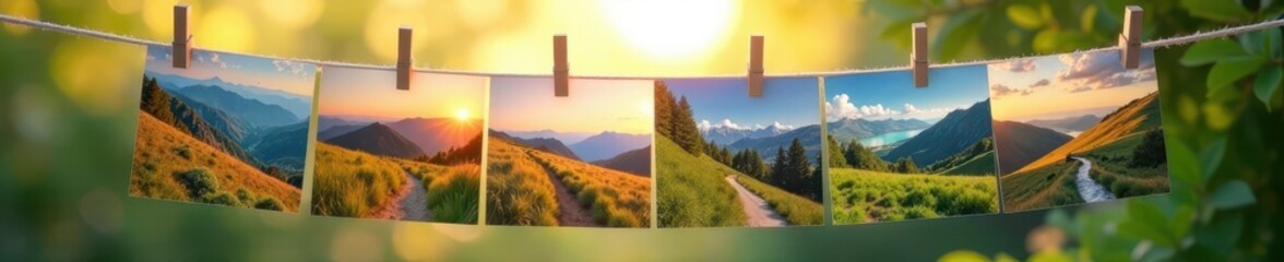 Overlapping landscape photos strung on a clothesline , natural beauty, wind-blown objects, textured background