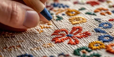 artisan embroidery craftsmanship, an artisan carefully embroidering a detailed pattern on handmade textile, showcasing fine needlework and vibrant threads against a traditional workshop backdrop