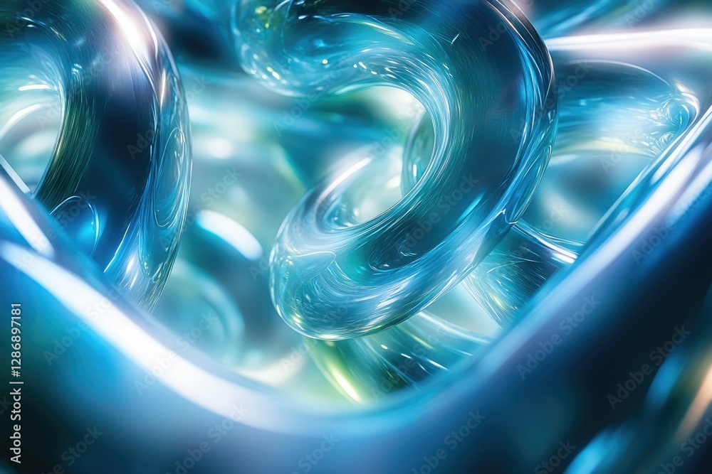 Poster abstract image of swirling, translucent blue glass shapes, creating a mesmerizing and dynamic visual