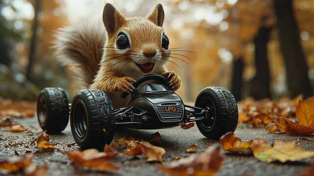 Squirrel is driving a toy car with a U.P.F. Logo on the side