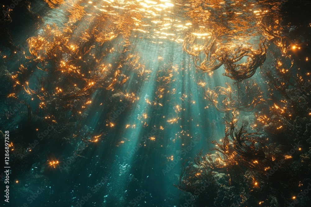 Poster Sunbeams illuminate a magical underwater scene with glowing golden kelp forests and sparkling particles.