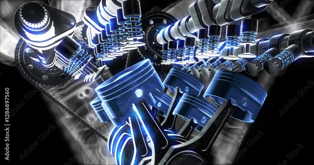 Poster 3d animation of car hood opening to show v8 pistons in action. industry and technology related 3d an