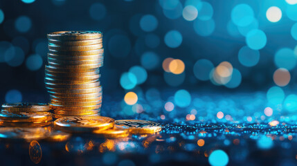 Stack of Gold Coins Cryptocurrency Wealth, Blue Bokeh Background