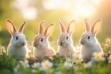 Fototapeta premium Cute young rabbits gather in a meadow surrounded by flowers during golden hour in a serene outdoor setting