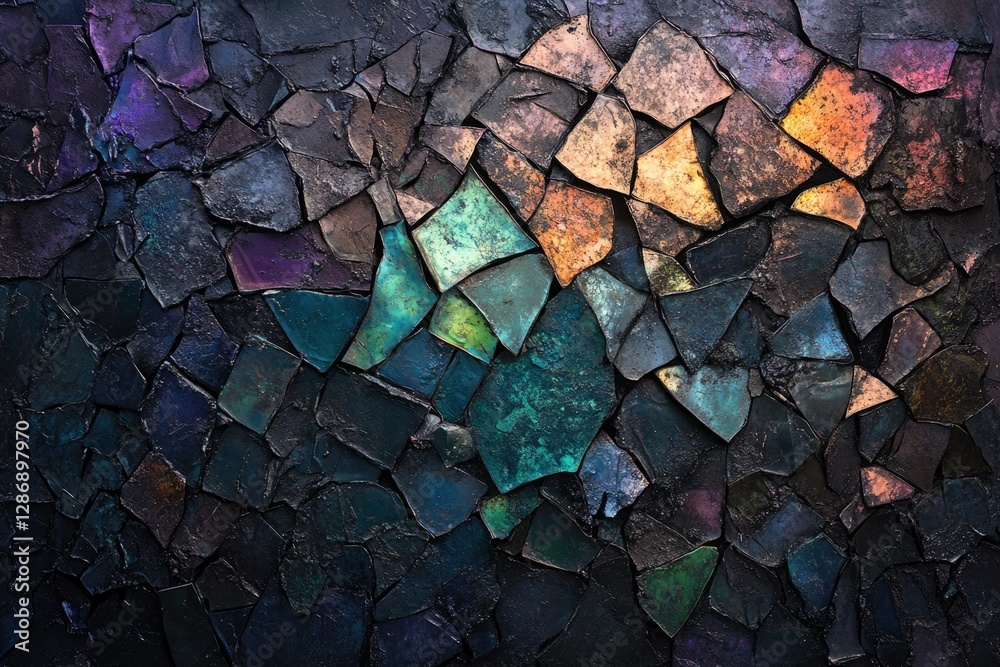 Poster a mesmerizing mosaic of dark, iridescent stones, creating a textured, abstract art piece.